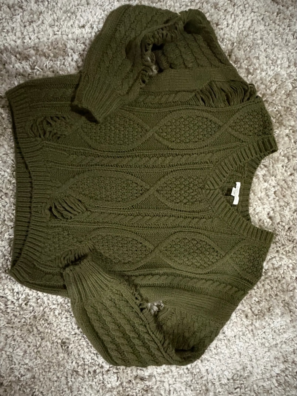 Cozy Casual Olive Green Distressed Cable Knit Sweater